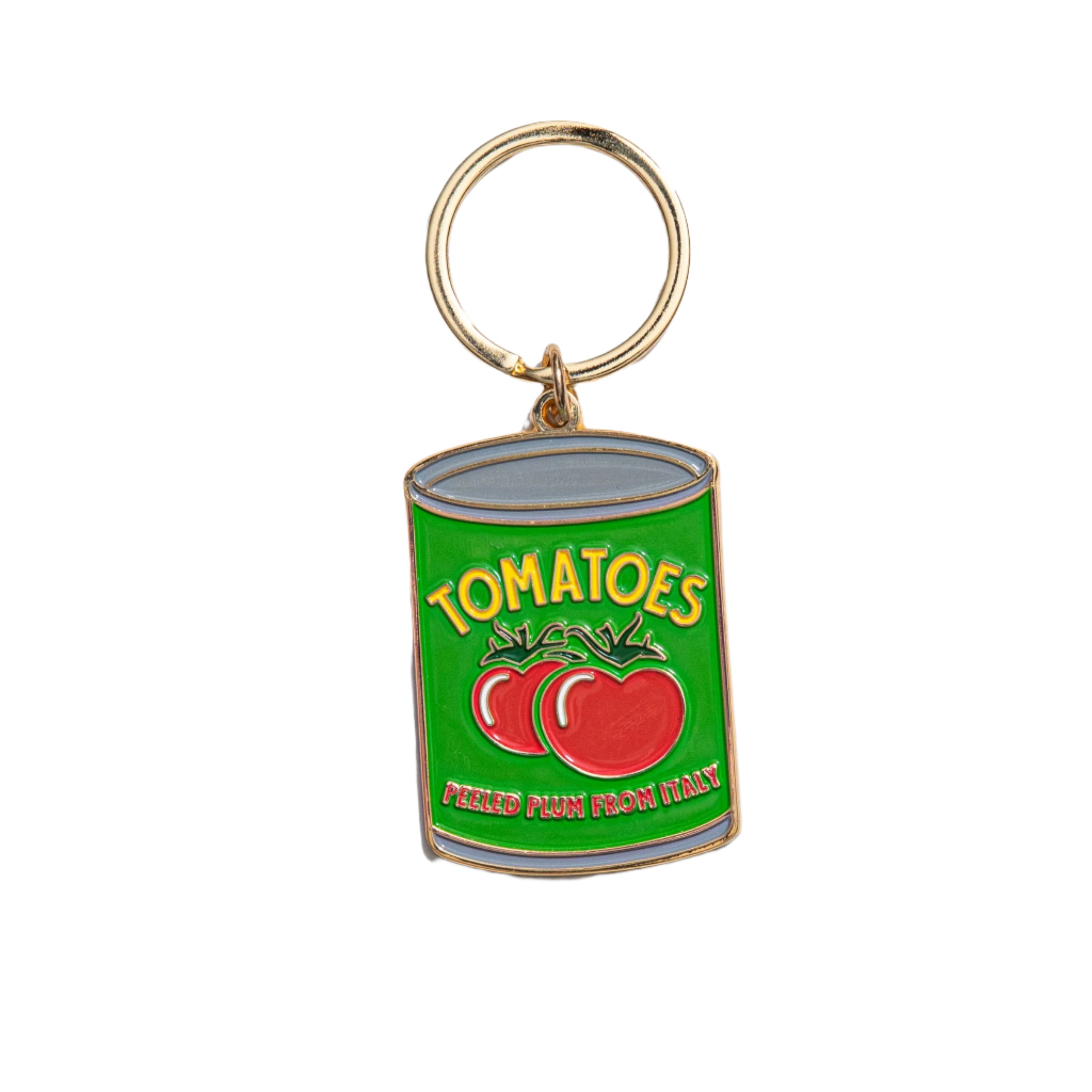 Tomato can enamel keychain with vintage-inspired design